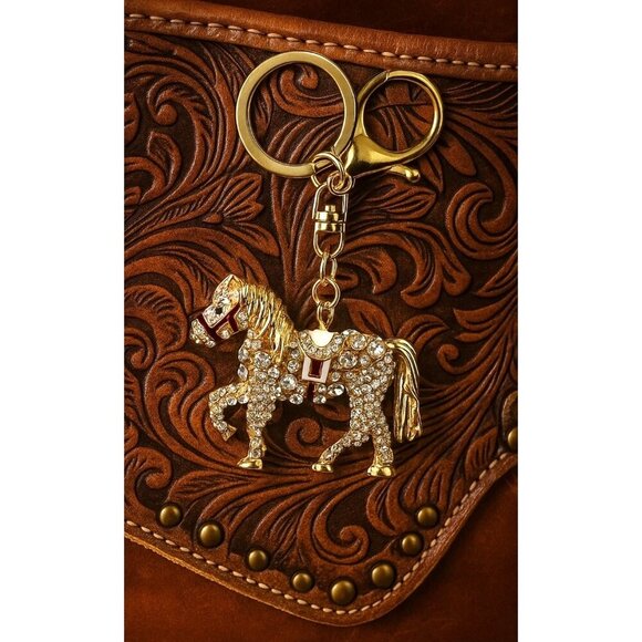 Golden Horse Rhinestone Keychain Ornament With Moveable Tail, Gift For Horse Lov - Picture 6 of 13